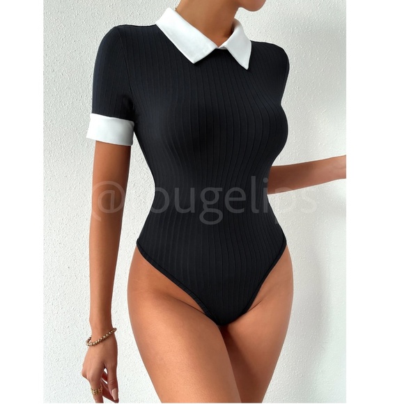 Contrast White Collar Black Rib-Knit Short Sleeve Bodysuit - Picture 2 of 8